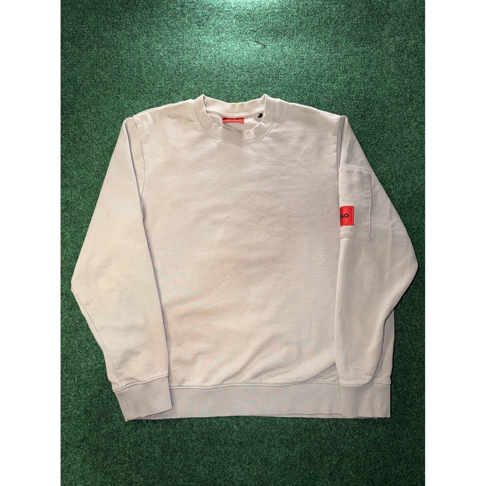 Hugo Boss Crewneck Sweatshirt Mens Size M Cream Gray Red Logo Pocket